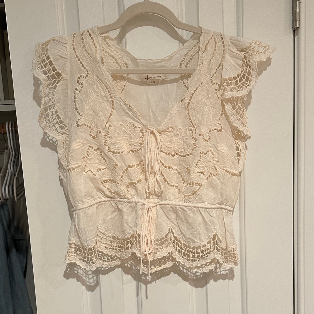 Anthropologie Ivory Lace Crochet Tie-Front Blouse